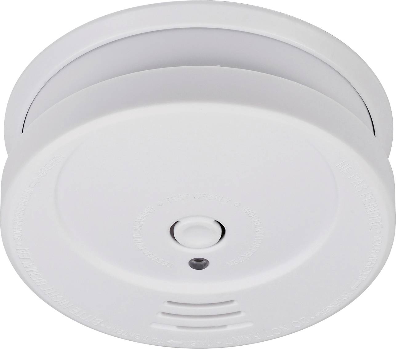 Witte plafondrookmelder met testknop, indicatielampje en ventilatiesleuven, weergegeven tegen een eenvoudige achtergrond.