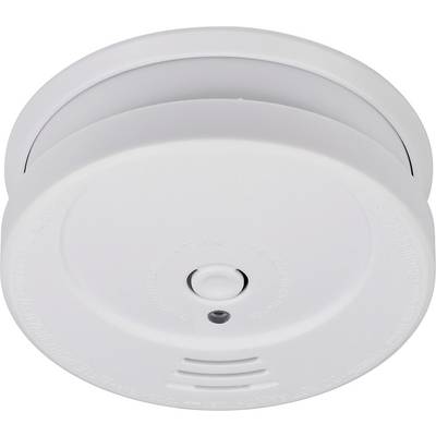 Witte plafondrookmelder met testknop, indicatielampje en ventilatiesleuven, weergegeven tegen een eenvoudige achtergrond.