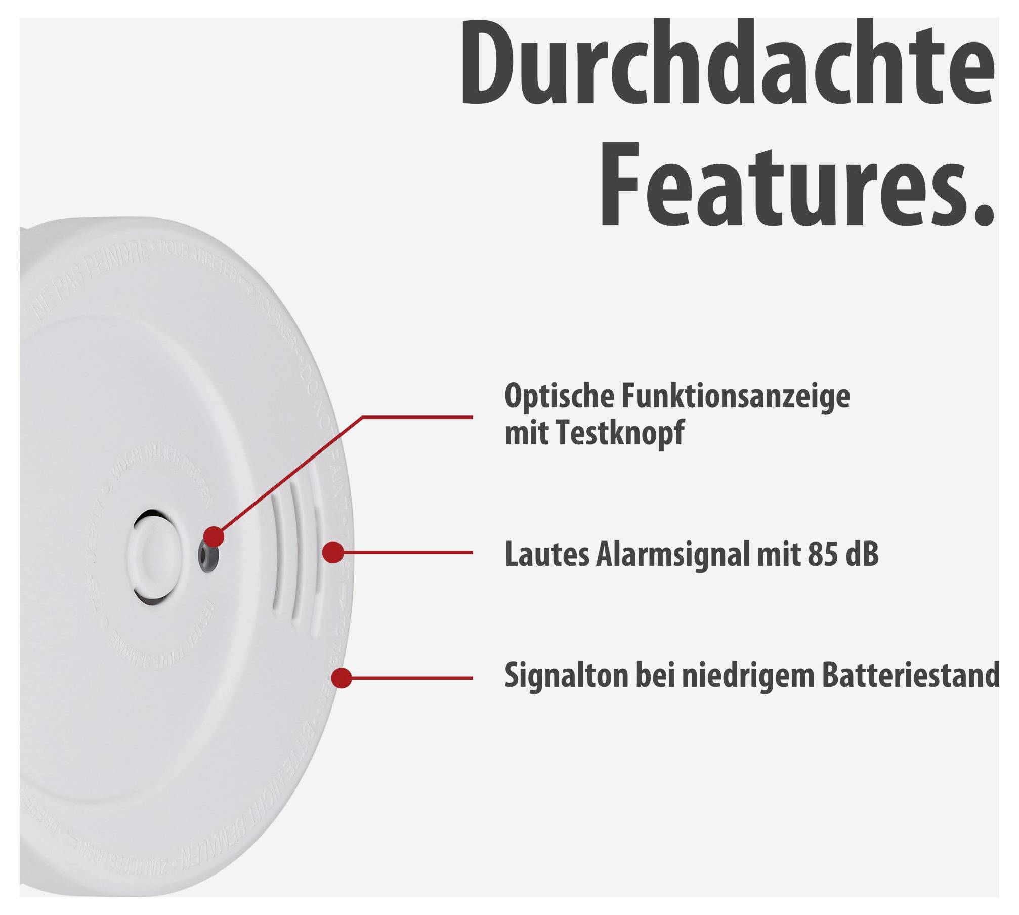 Rookmelder met functies: testknop, optische indicatie, 85-dB-alarm en batterijenstandsignaal.