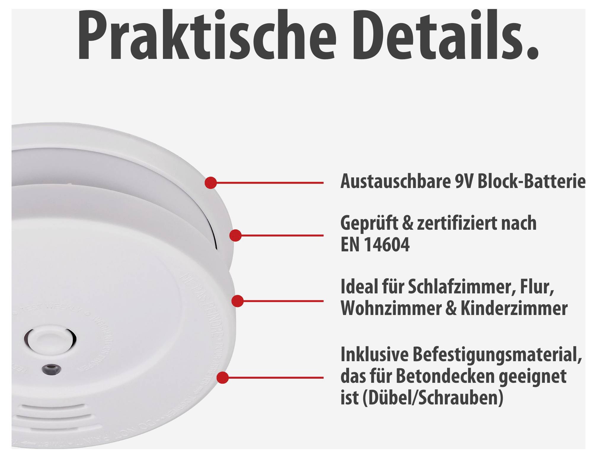 Afbeelding van een rookmelder met kop "Praktische Details": vervangbare 9V-blokbatterie, getest volgens EN 14604, voor slaap-, gang-, woon- en kinderkamers, inclusief bevestigingsmateriaal voor betonplafonds.