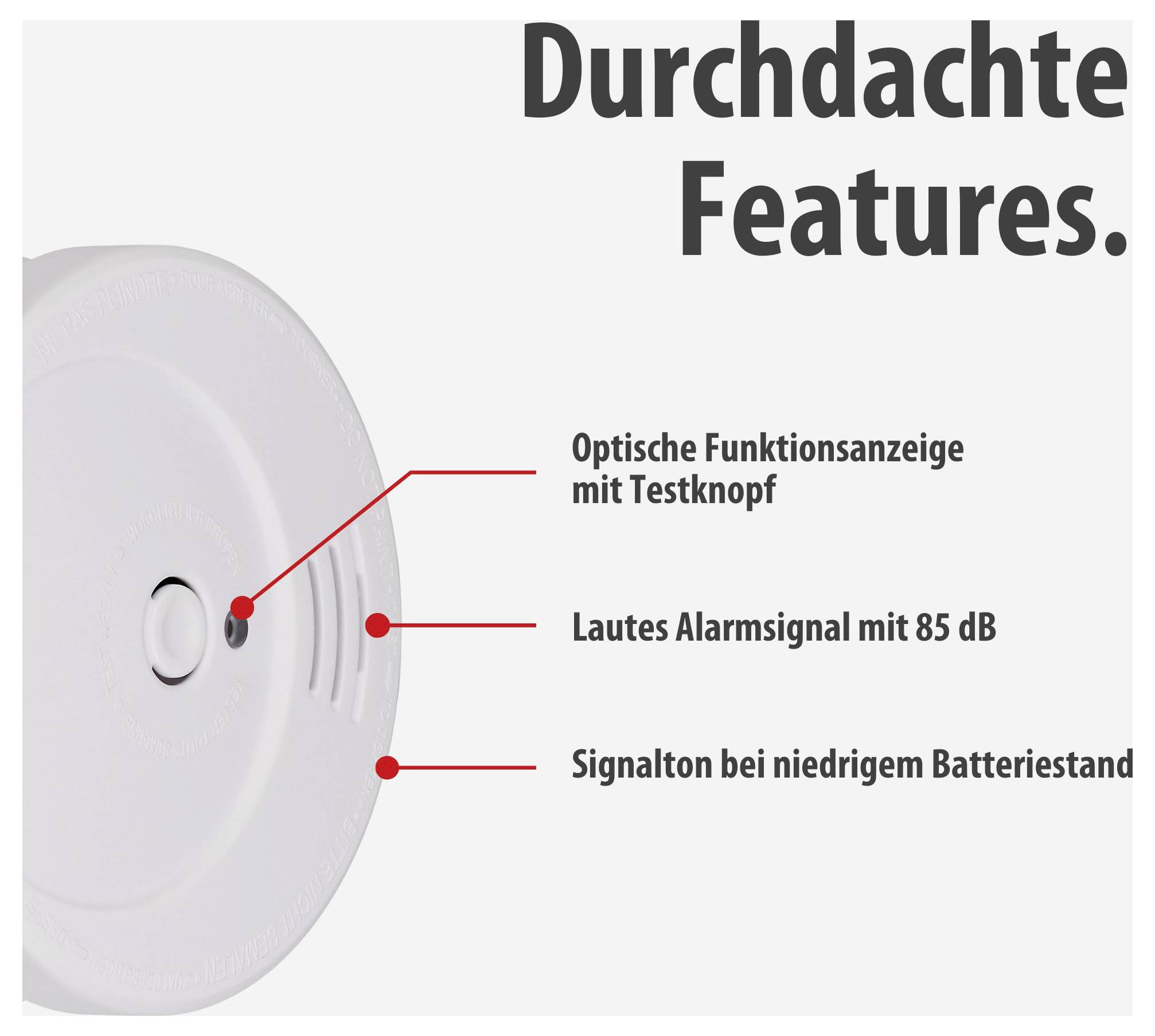 **Doordachte Functies.**<br><br>Optische functionaalweergave met testknop<br>85 dB-alarm<br>Signaaltoon bij lage batterijstand