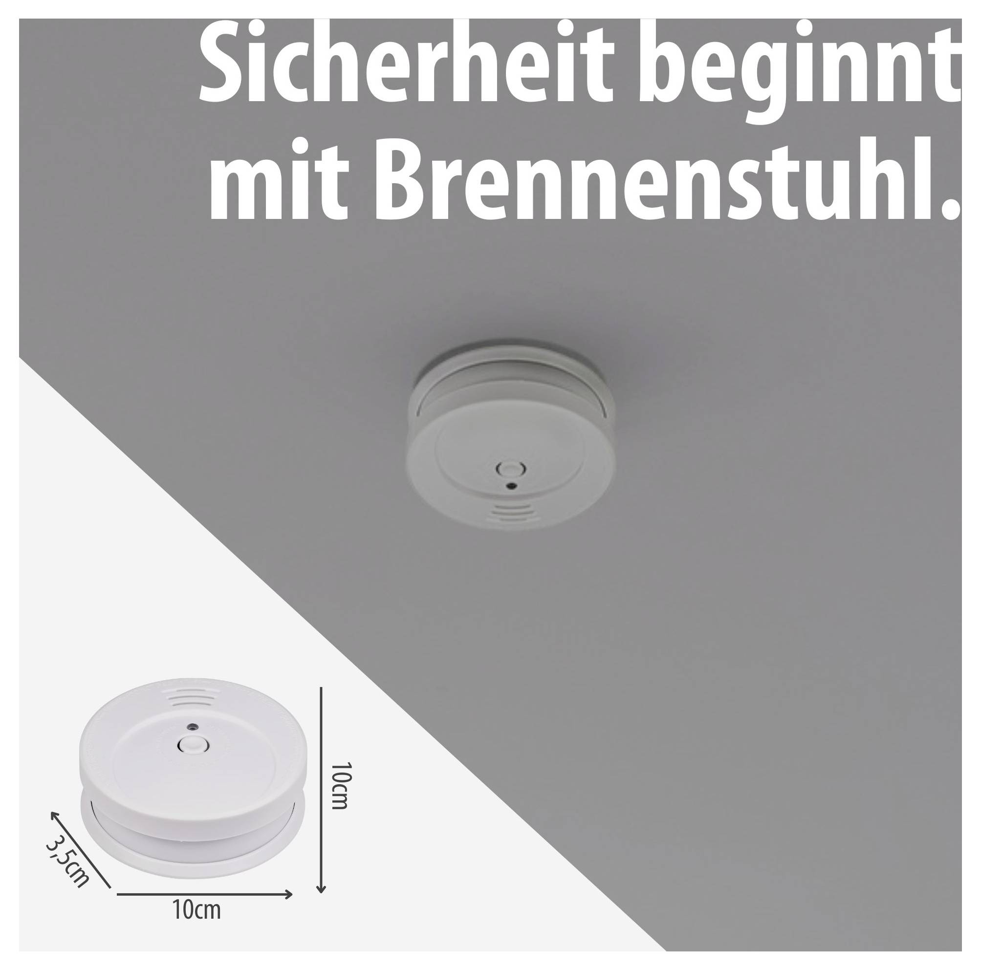 Advertentieposter voor Brennenstuhl: Rookmelder aan het plafond, onderaan productafbeelding met afmetingen 10 cm × 10 cm × 3,5 cm en slogan 'Veiligheid begint met Brennenstuhl.'