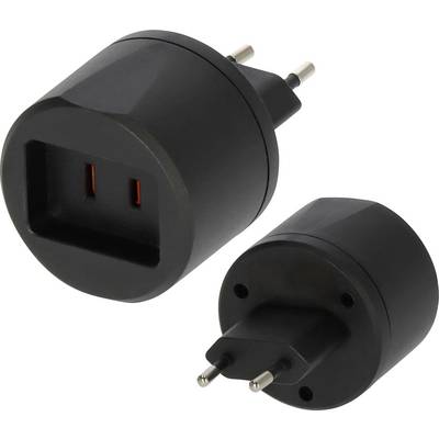 Zwarte elektrische stekkeradapter met twee ronde pennen, afgebeeld van voren en onder een hoek op een witte achtergrond.