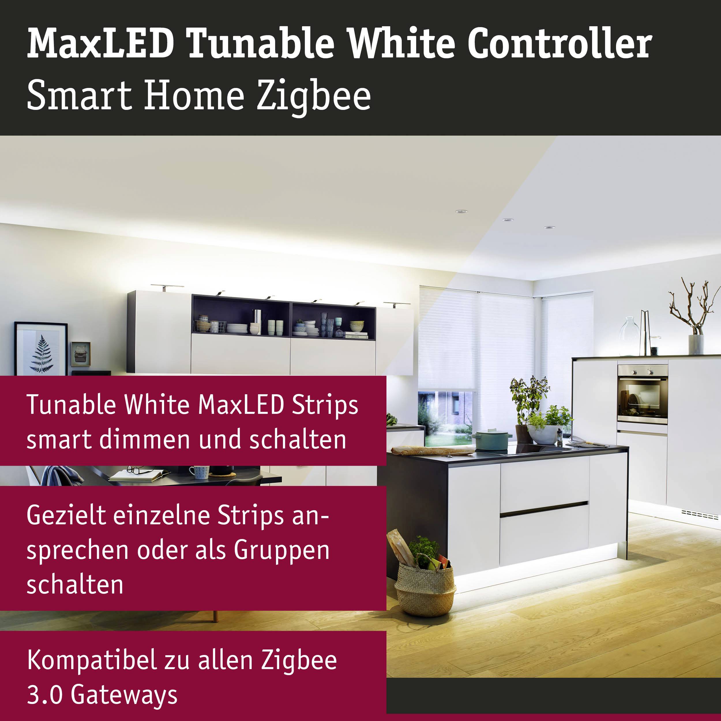 MaxLED Tunable White Controller voor Smart Home. Dimt strips gericht of aanstuurbaar als groep. Compatibel met alle Zigbee 3.0 gateways.