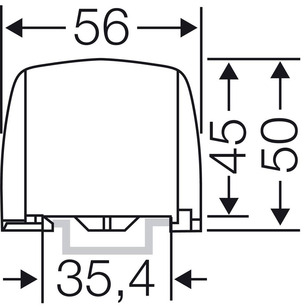 Technische tekening van een rechthoekig onderdeel met de afmetingen: breedte 56 mm, hoogte 45 mm, en breedte op een andere locatie 35,4 mm.