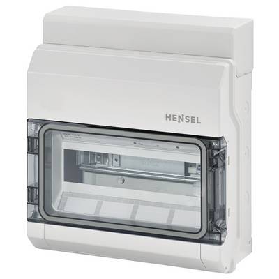 Een witte Hensel-verdeelkast met transparante deksel, geschikt voor elektrische installaties in binnenruimtes.