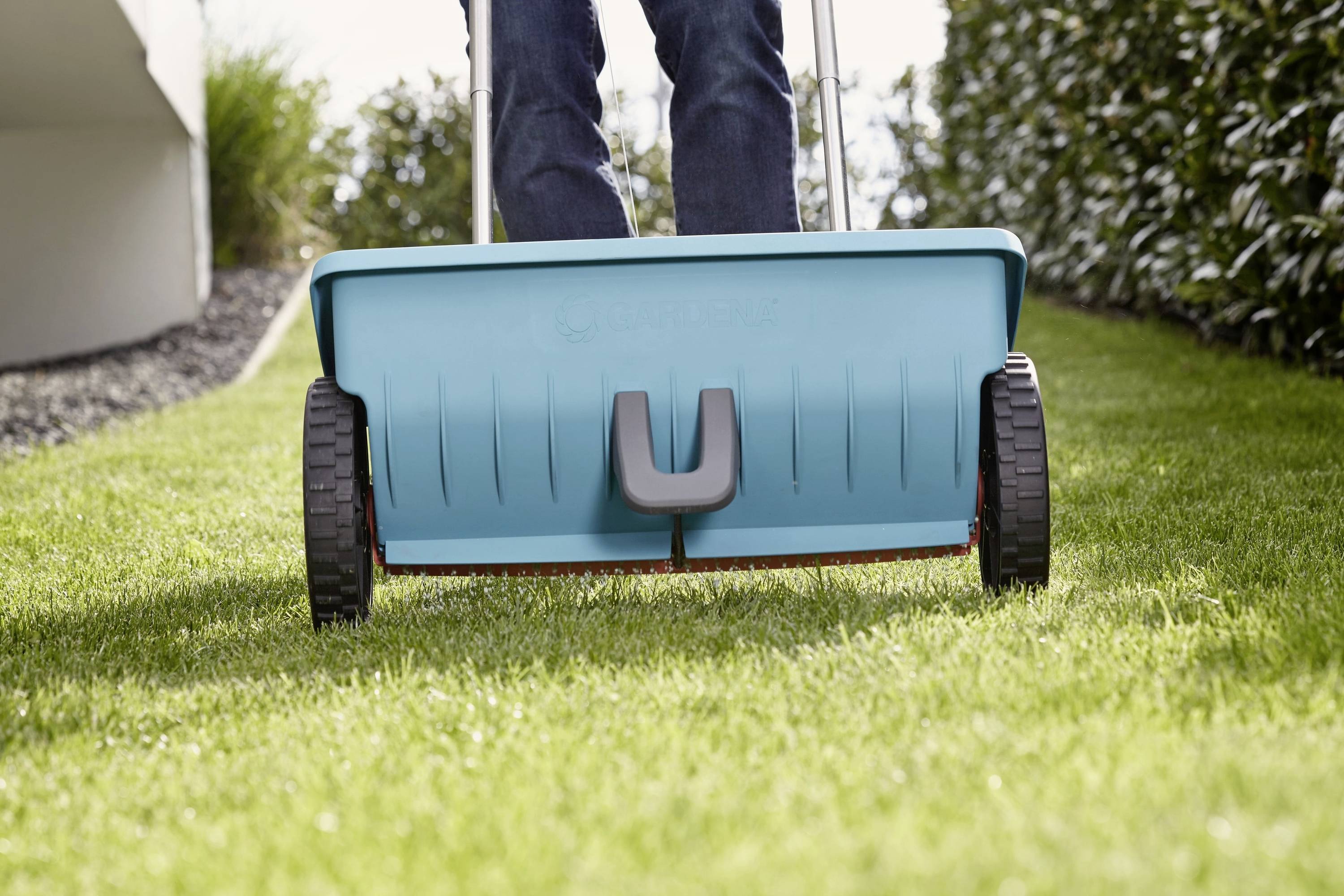 Een persoon duwt een blauwe strooiwagen over een groen gazon. De strooiwagen verspreidt meststof of zaden gelijkmatig.