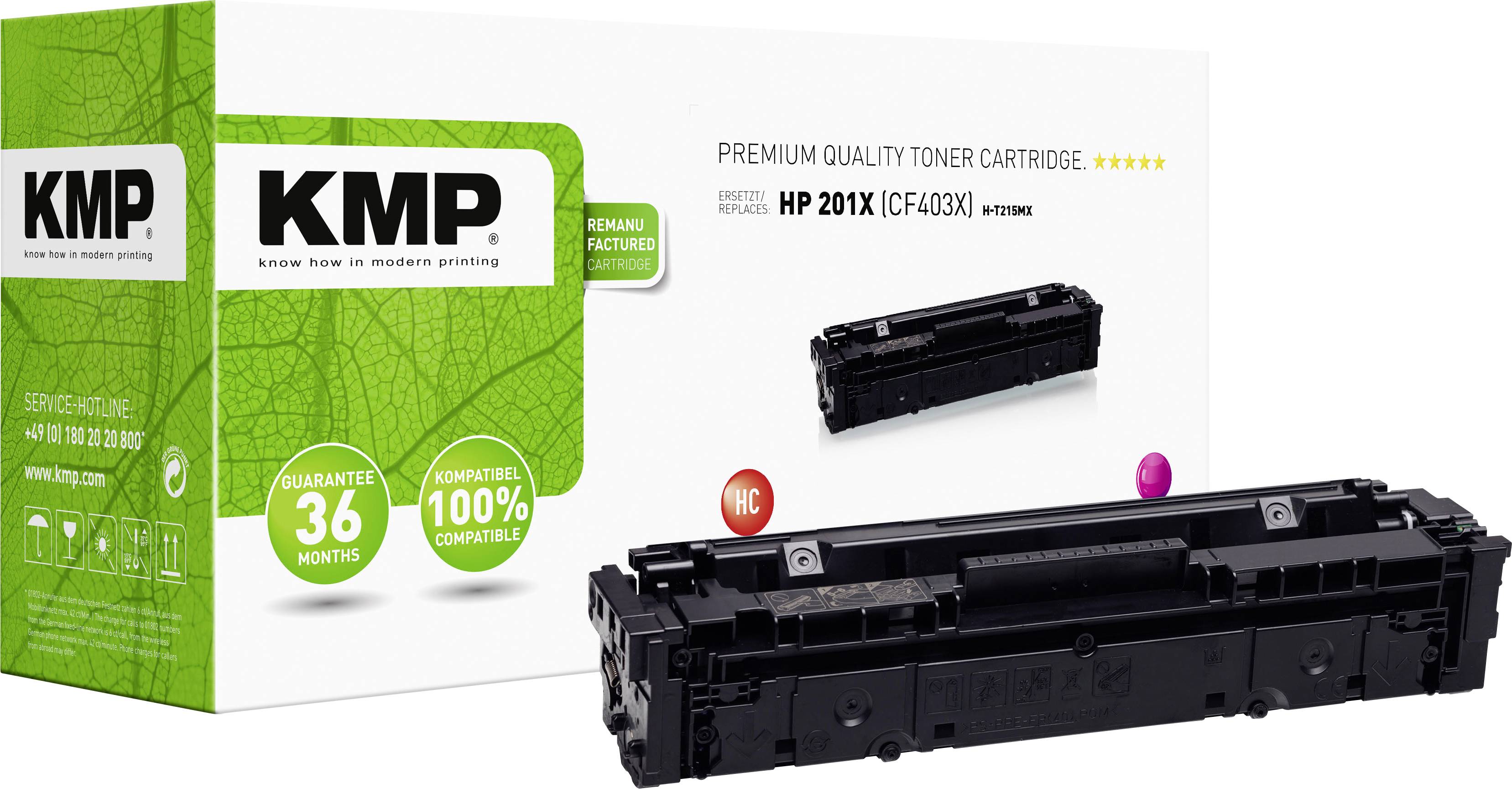 'KMP Toner-Cartridge HP 201X' naast een witte, groene verpakking met details zoals '36 maanden garantie' en '100% compatibel'.
