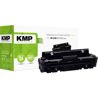 'HP 410X tonercartridge van KMP, gerecycled printertoebehoren, 100% compatibel, 36 maanden garantie, met verpakking op de achtergrond.'
