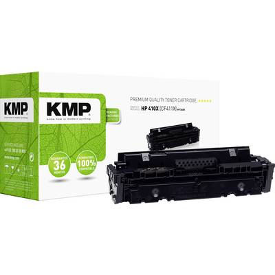 Een gerecyclede tonercartridge van KMP voor HP 410X-printers, met verpakking, garantiemelding en milieulabel.
