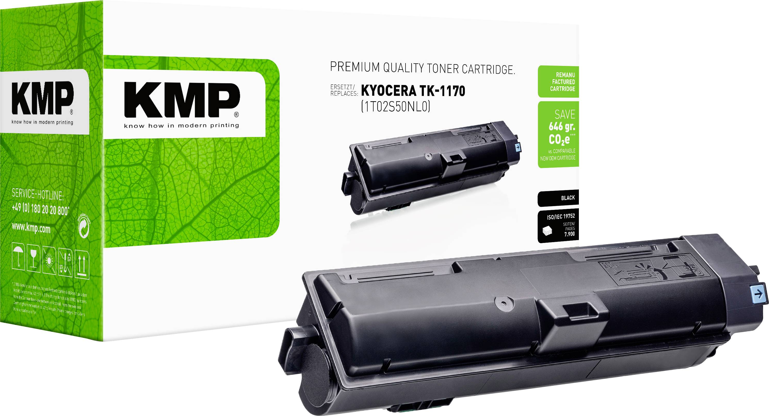 KMP premiumkwaliteit tonercartridgeverpakking en een zwarte Kyocera TK-1170 tonercartridge getoond op een witte achtergrond.