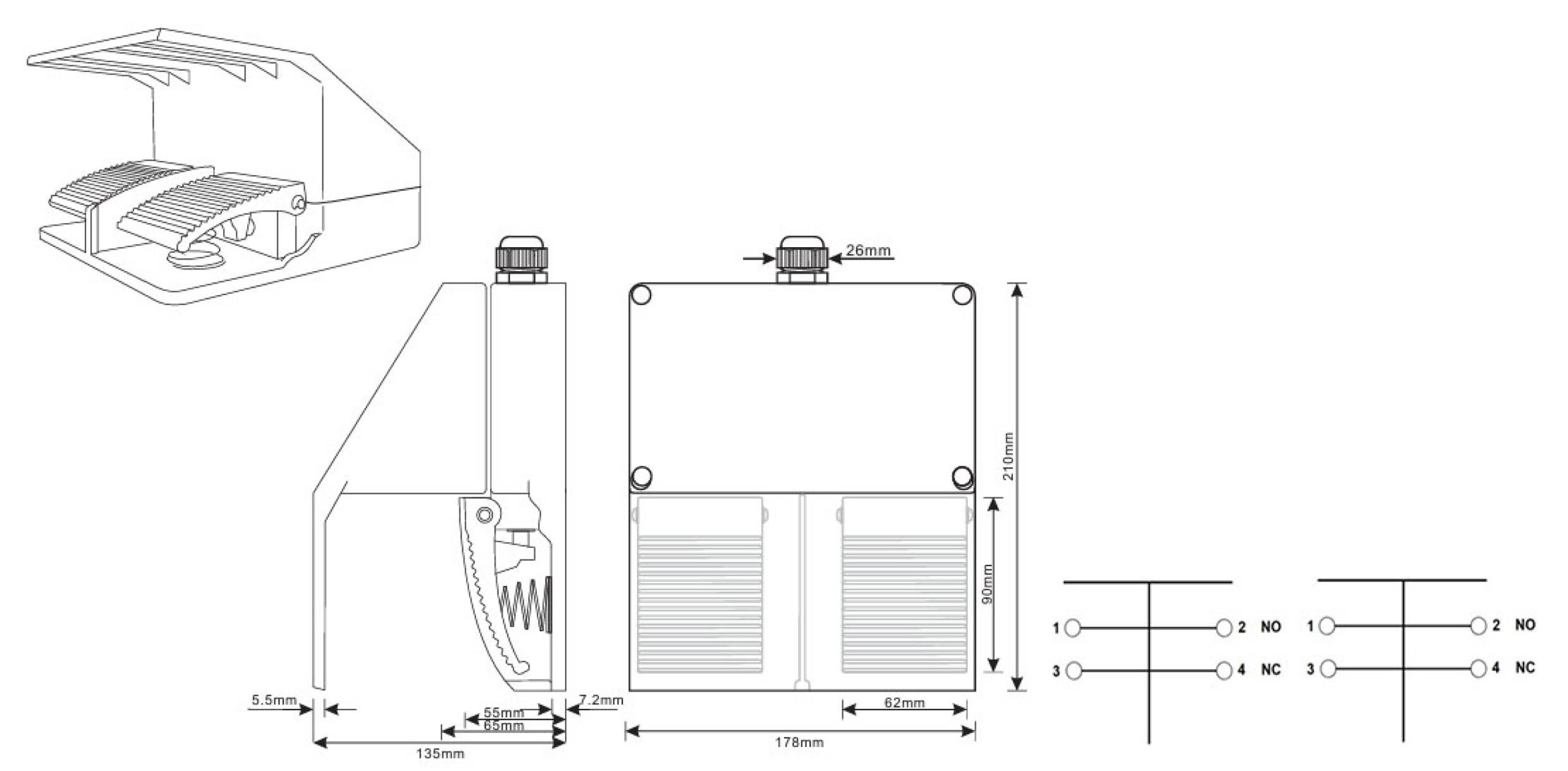 Technische tekening van een voetschakelaar met afmetingen en bedradingsschema. Toont zij-, voor- en bovenaanzicht. Hoofdafmetingen aangegeven.