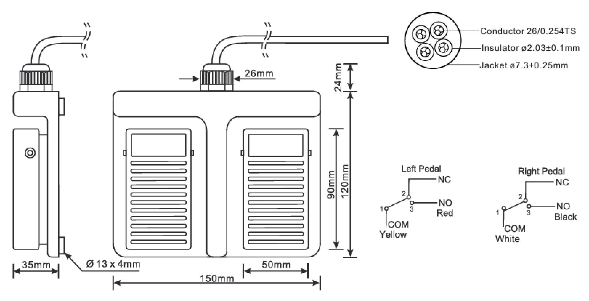 Diagram van een elektrische voetschakelaar-eenheid met afmetingen in millimeters. Links- en rechtsaansluiting voor pedalen met kleurcodering.