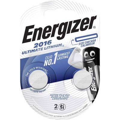Verpakking van Energizer 2016 Ultimate Lithium-batterijen, kindveilig en duurzaam, met productmascotte en twee batterijen.