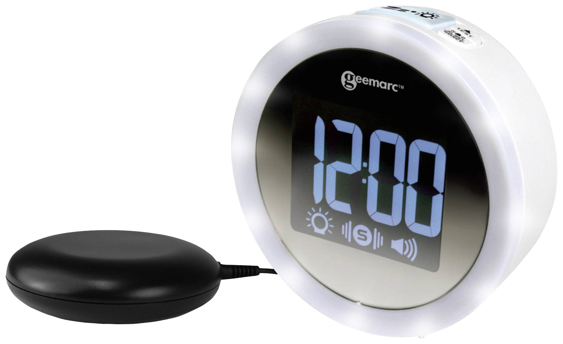 Een digitale wekker met een groot, blauw display toont '12:00'. Een rondom trillende wekker is ernaast geplaatst.