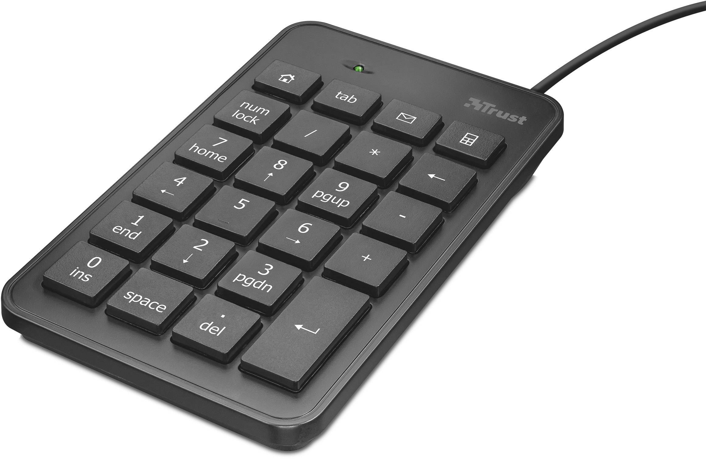 Zwarte USB-numeriek toetsenblok met 21 toetsen, inclusief cijfertoetsen, tabulator, enter en verwijderen, voor eenvoudige gegevensinvoer.