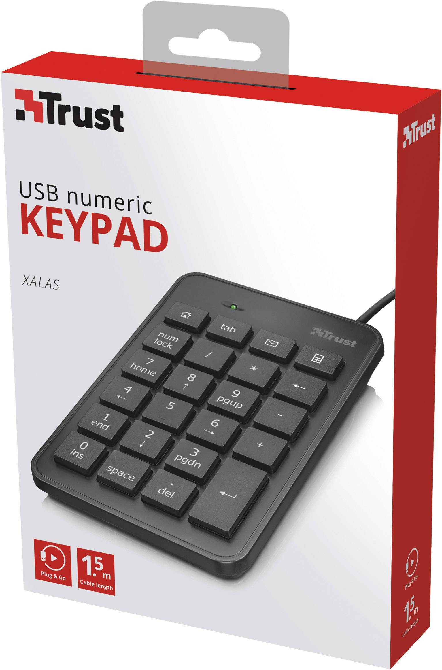 Verpakking van een USB-numeriek toetsenbord van Trust. Zwart numeriek toetsenblok in kunststof behuizing. Nadruk op 15 m kabellengte. Model Xalas.