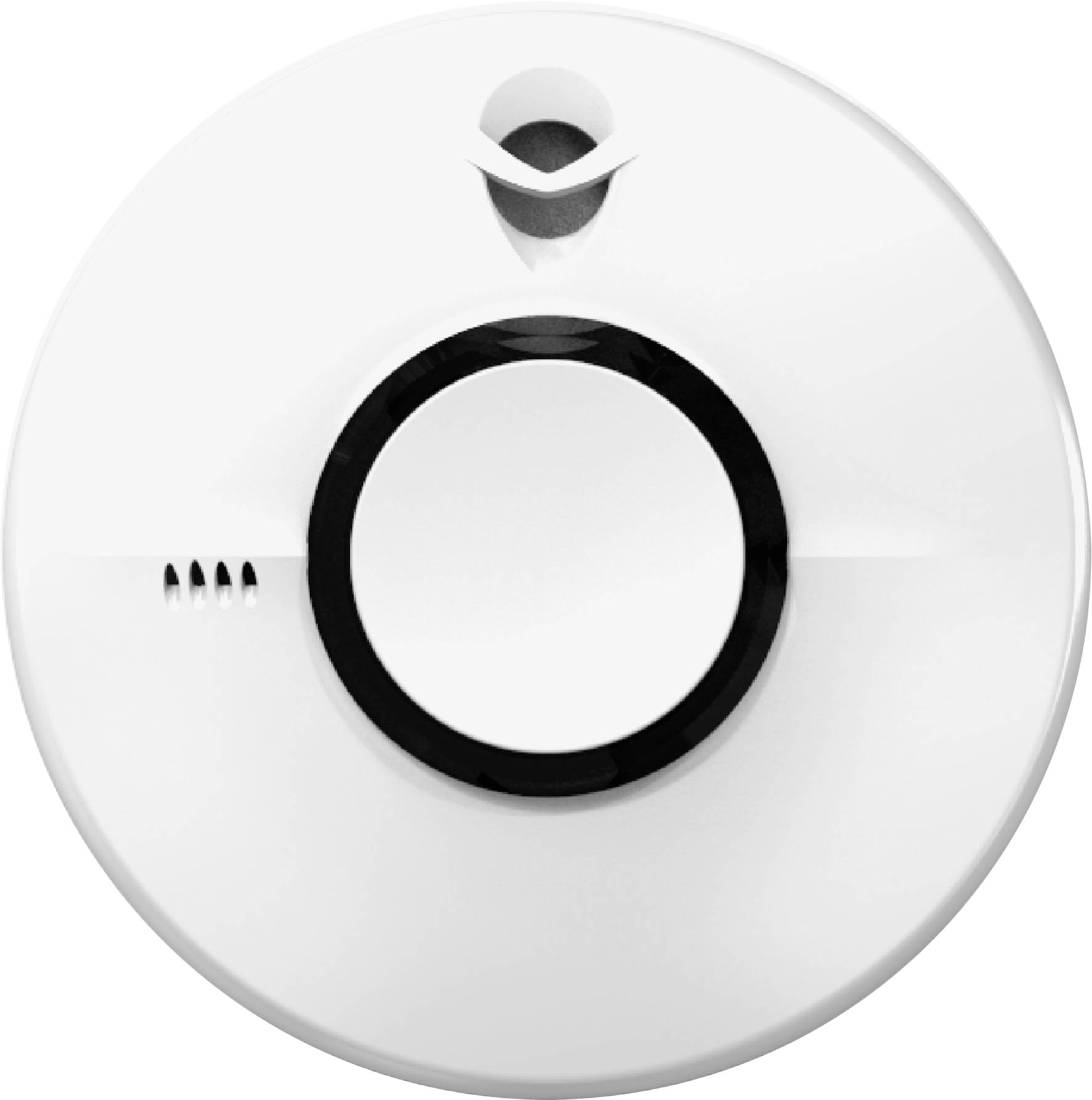 Een ronde, witte rookmelder met een centraal zwarte ring en een ventilatieopening aan de zijkant, ontworpen voor plafondmontage ten behoeve van brandveiligheid.