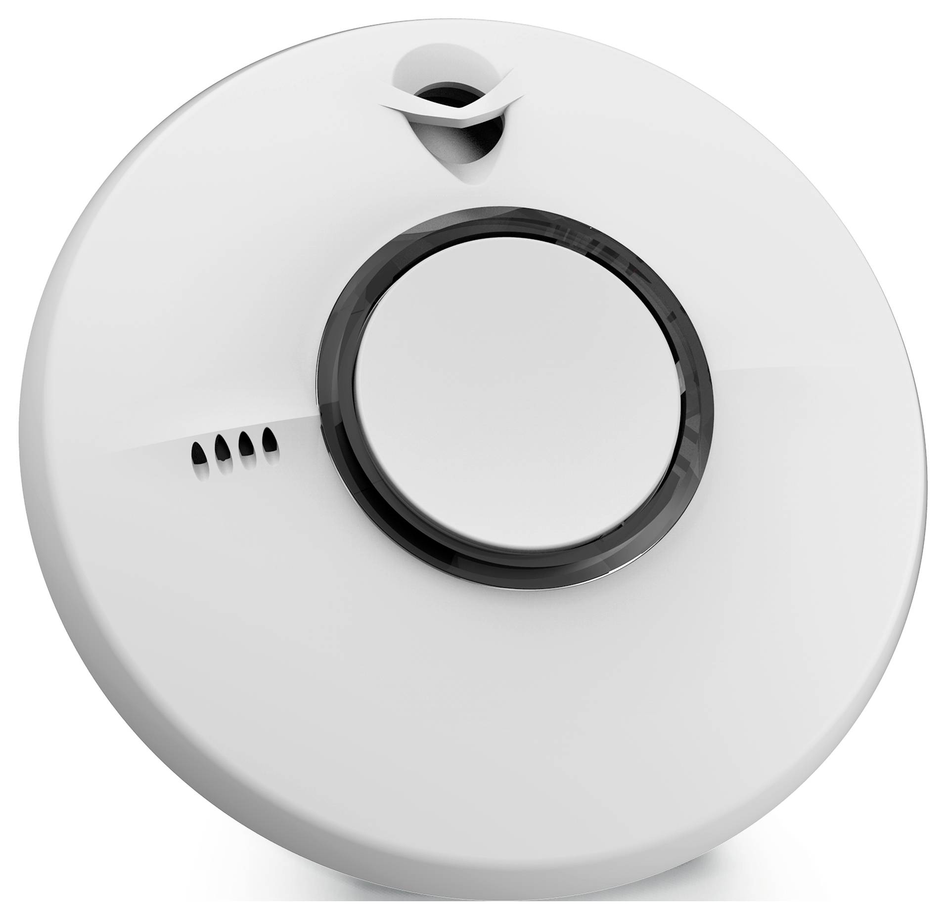 Ronde rookmelder met een centrale knop en kleine ventilatieopeningen, ontworpen voor plafondmontage om te waarschuwen bij brand.