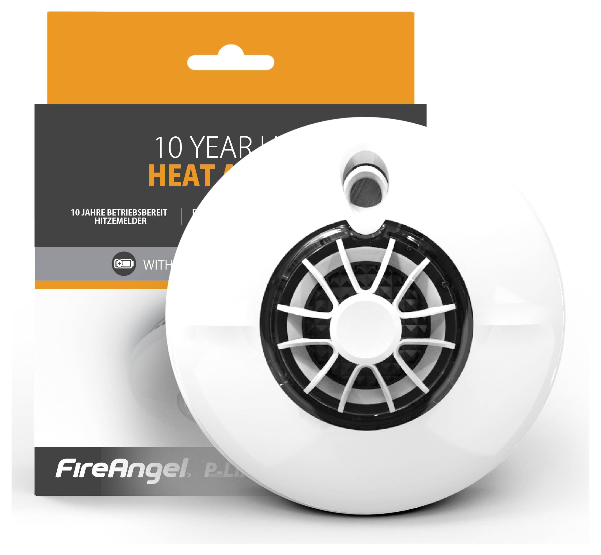 Hittedetector voor verpakking. Verpakkingstekst: '10 jaar' en 'Hittedetector'. Product van het merk FireAngel.
