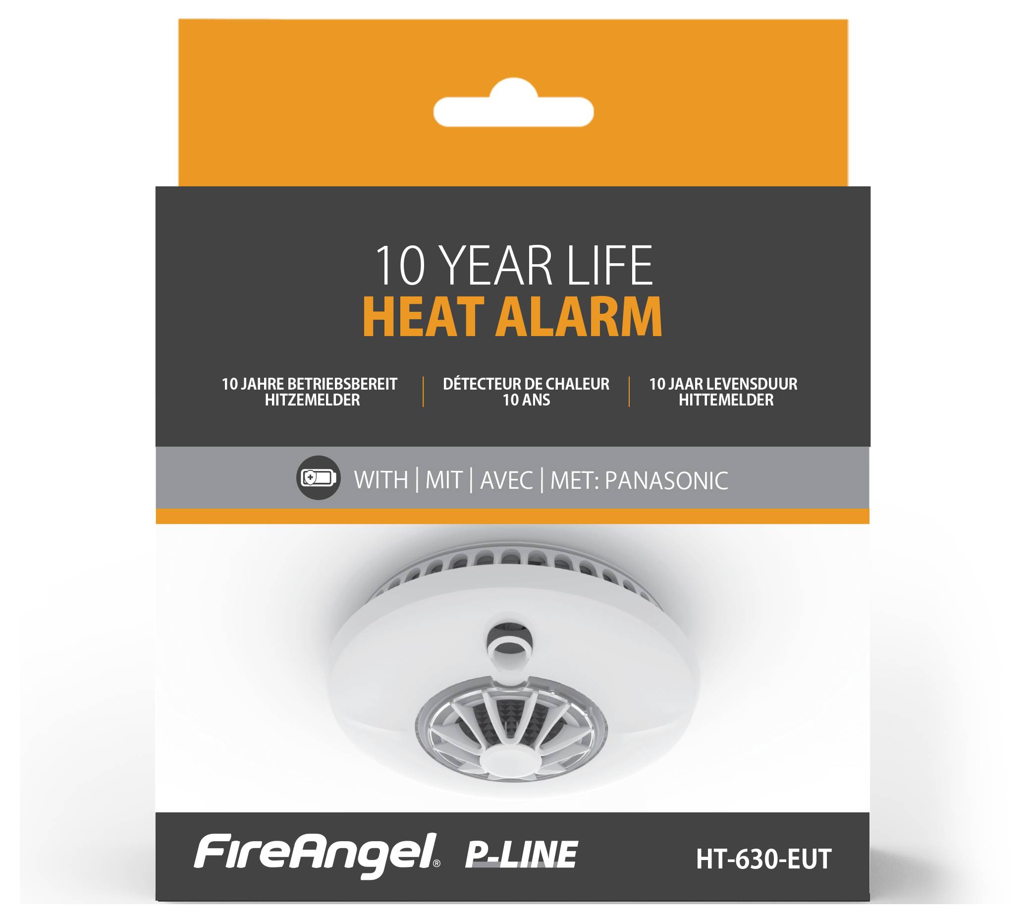 Verpakking van een hittedetector van FireAngel P-Line, model HT-630-EUT, met 10 jaar batterijduur, uitgerust met Panasonic-technologie.