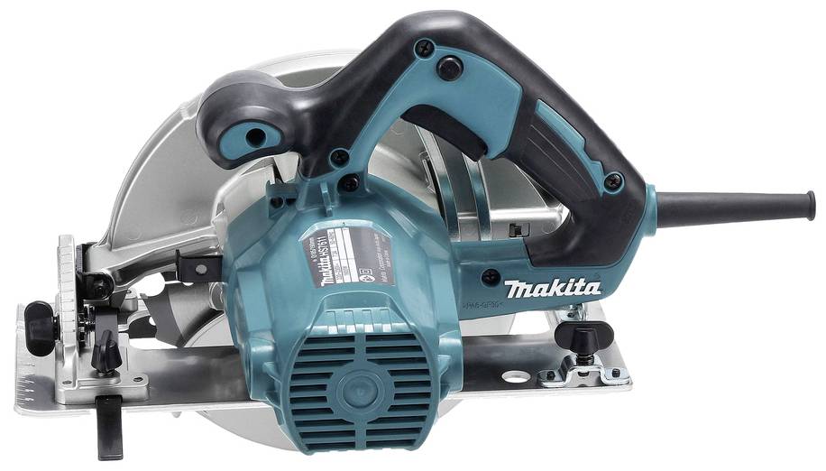 Een turquoise cirkelzaag met zwarte handgreep, merknaam 'Makita' zichtbaar. Geschikt voor houtbewerkingen, compacte en ergonomische constructie.