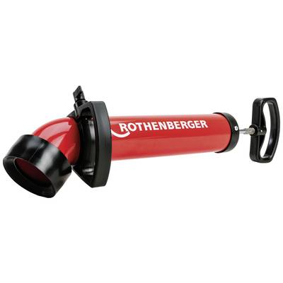 Een rode handrioolveer met zwarte handgreep en opzetstuk. De merknaam 'Rothenberger' is op de hoofdbehuizing gedrukt.