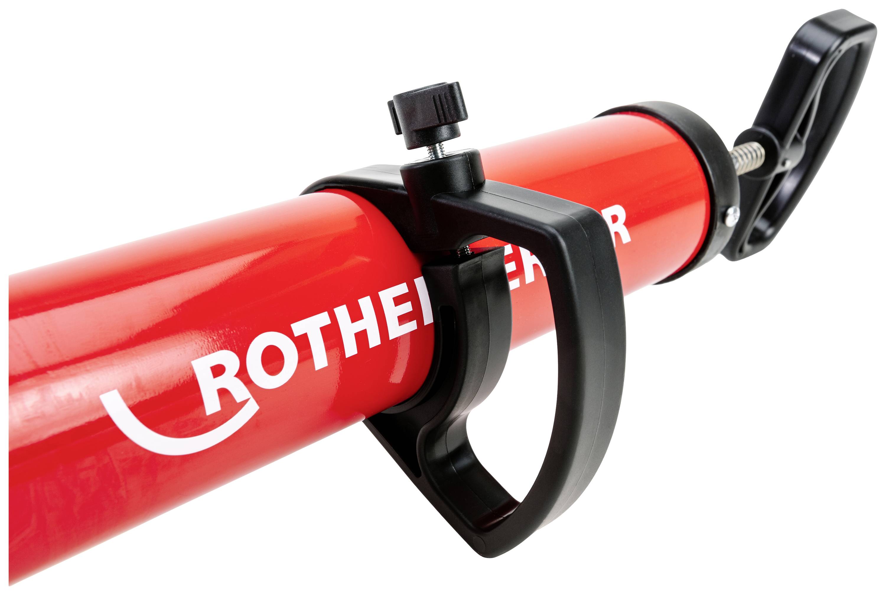 Rode buizensnijder met zwarte draaiknop en handgreep, merknaam zichtbaar aan de zijkant. Gebruikt voor het nauwkeurig snijden van buizen.