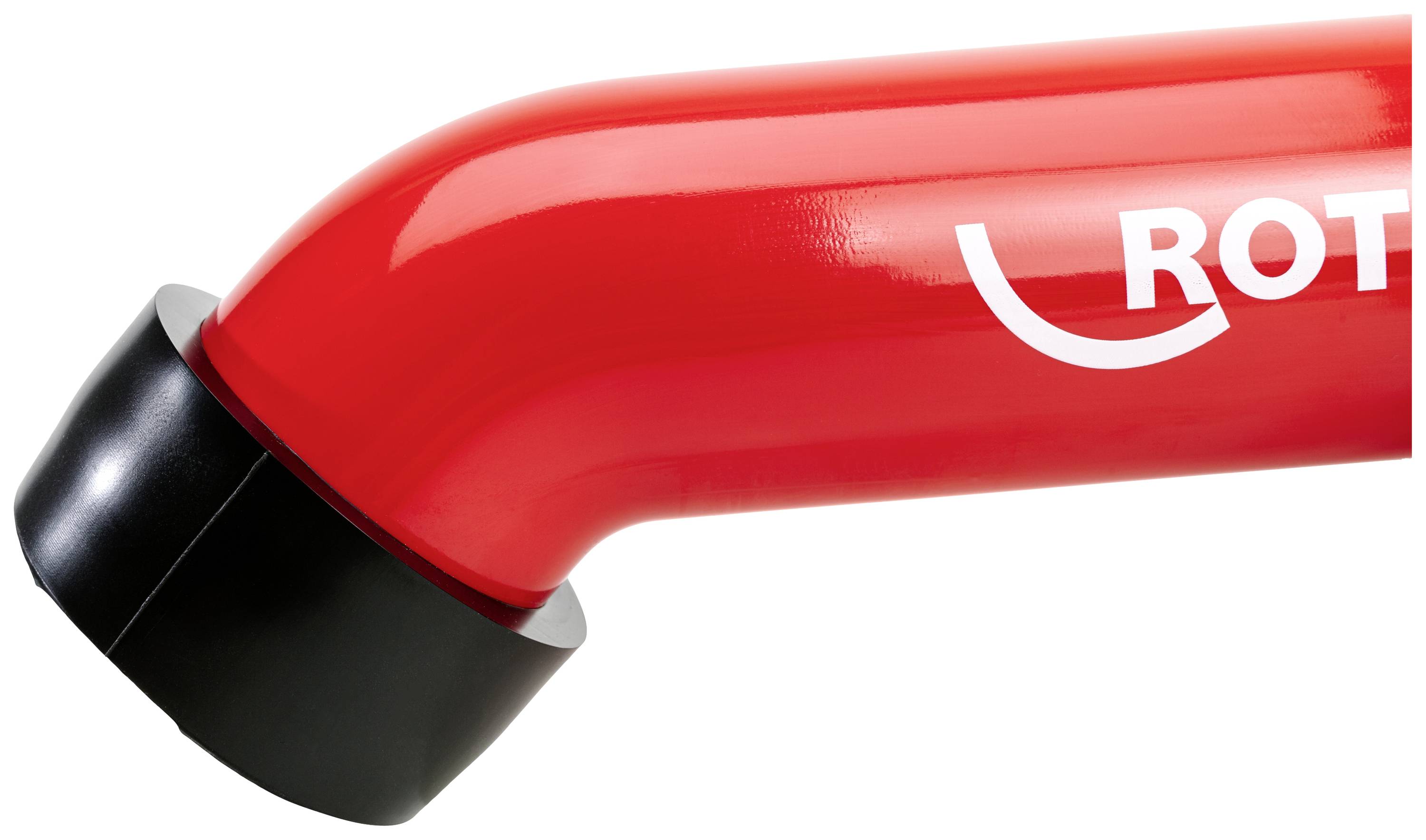 Rood buisstuk met zwart uiteinde, vermoedelijk onderdeel van een groter buizensysteem.