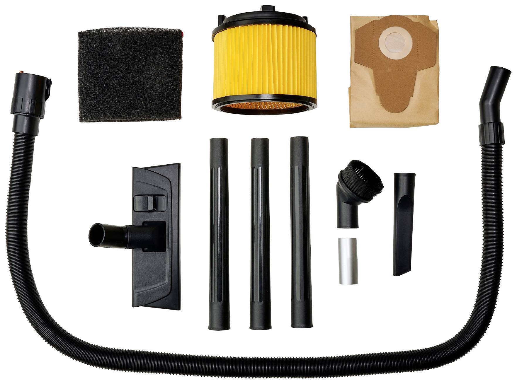 Stofzuigeraccessoires: Slang, mondstukken, filters en zakken in verschillende vormen en maten, gerangschikt op een witte ondergrond.