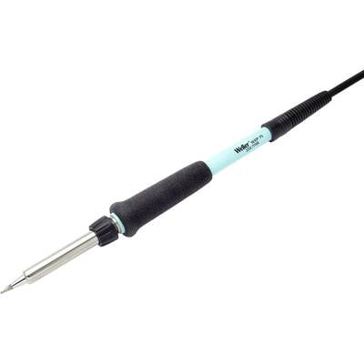 Soldeerbout met zwarte handgreep en zilveren punt, behuizing in het blauw, kabel aan het uiteinde; wordt gebruikt voor het solderen van elektronische componenten.