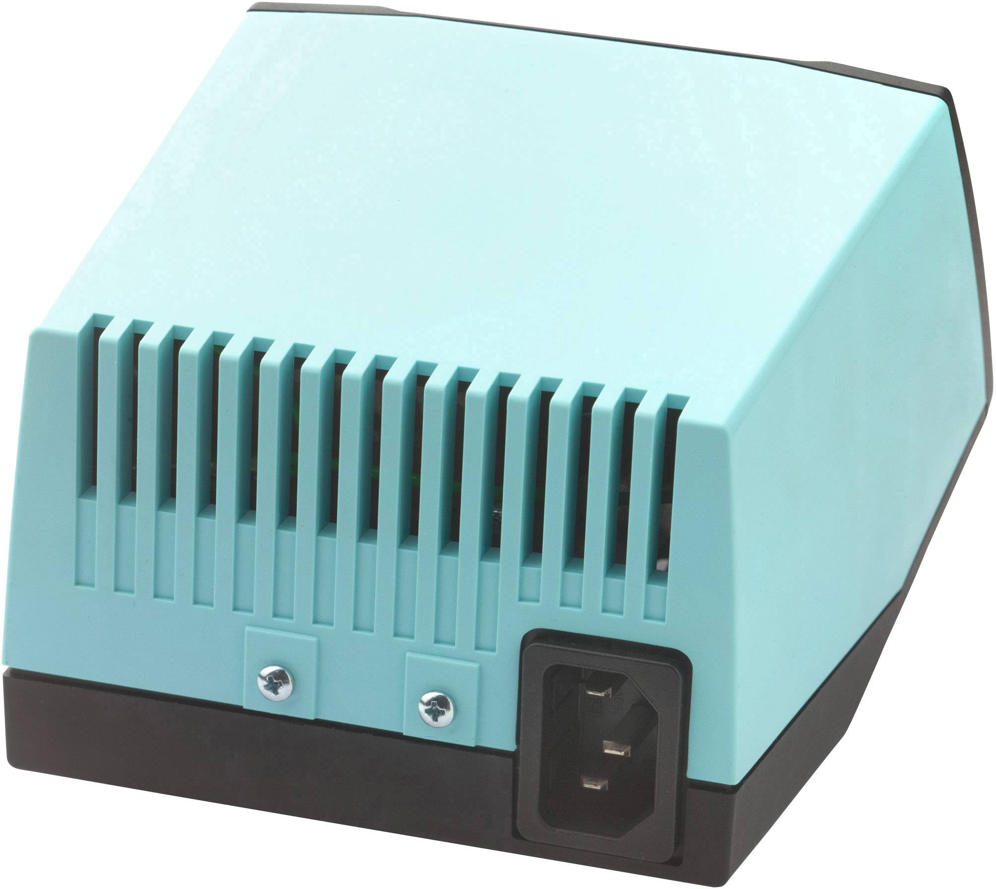 Een blauw elektrisch apparaat met ventilatiesleuven en een driepens netaansluiting aan de onderkant.