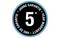 Badges met de tekst '5 jaar garantie' in meerdere talen op een zwarte achtergrond met een blauwe rand.