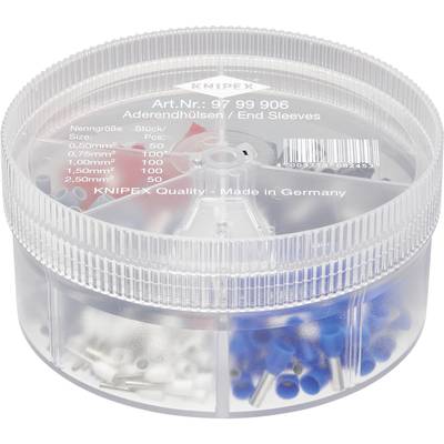 Transparante doos met verschillende maten adereindhulzen, etiket met details: 'Art.nr: 97 99 906, Knipex, Made in Germany'.
