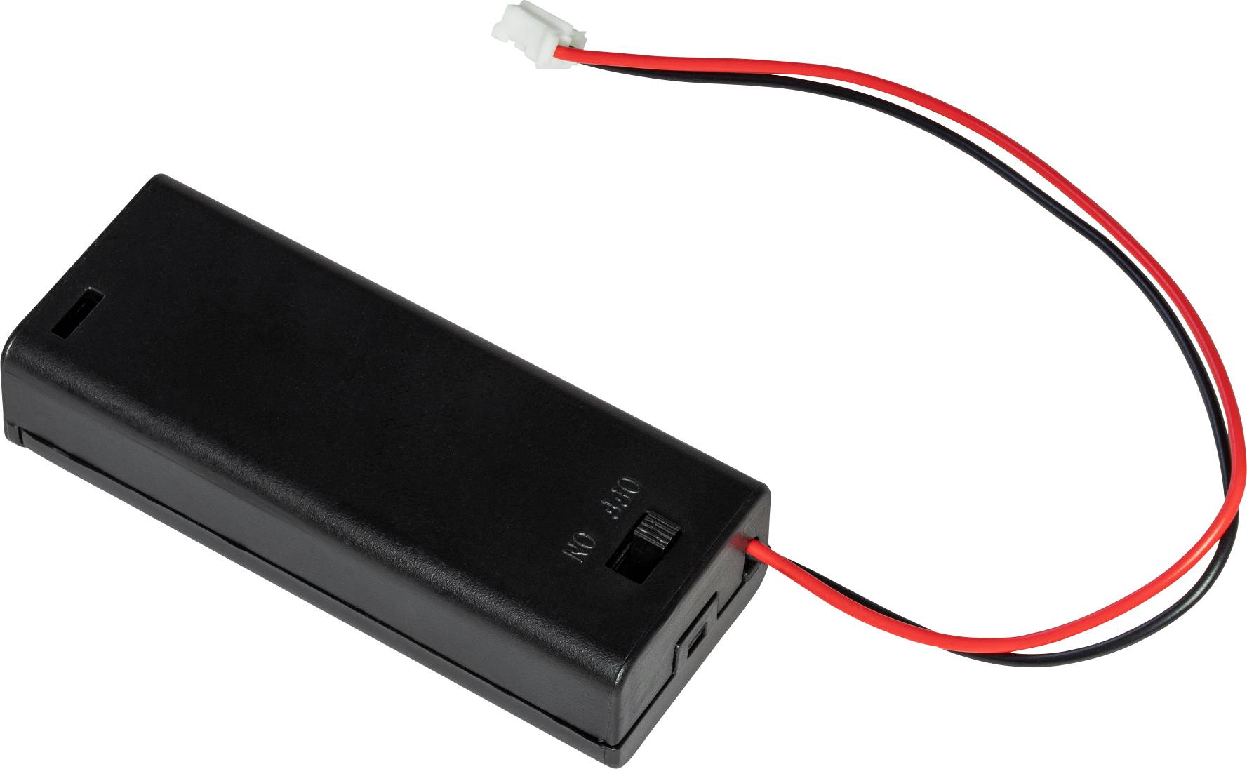 Zwart accuvak met rode en zwarte kabels en een witte stekker.