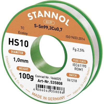 Soldeertin op rol van het merk STANNOL, model HS10, legering S-Sn99,3Cu0,7, diameter 1,0 mm, gewicht 100 g, „Made in Germany".