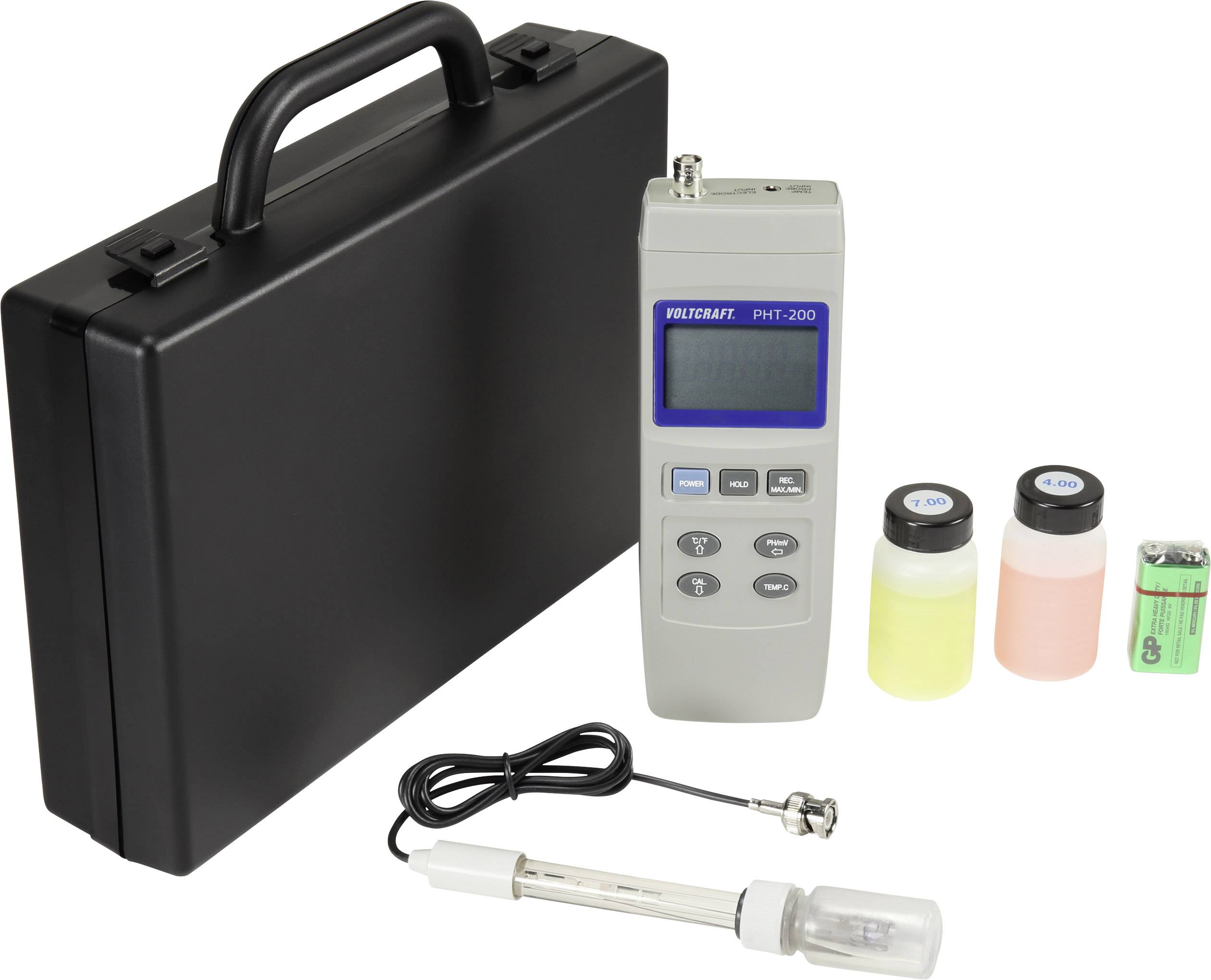 Draagbare pH-meter set met digitaal meetapparaat, elektroden, twee kalibratieoplossingen en een batterij, gepresenteerd in een koffer.