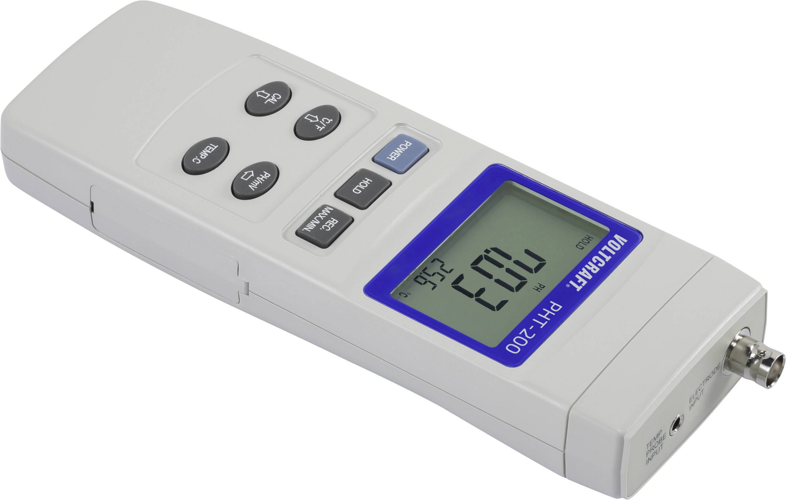 Draagbaar digitaal pH-meetapparaat met display toont '6.02', bedieningsknoppen naast het display, merk 'Voltcraft', model 'PH-100'.
