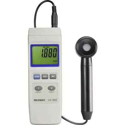 Handzaam meetapparaat Voltcraft UV-500 met display, toont meetwaarde 1880. Wordt gebruikt voor UV-stralingsmetingen.