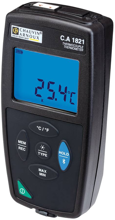 Een digitale thermometer toont '25,4°C' op het display. Hij heeft knoppen voor verschillende functies zoals Type, Max, Min en Hold.