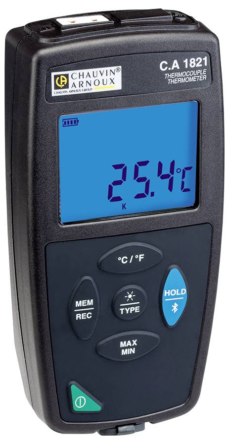 Digitale thermometer met blauw display toont 25,4°C. Toetsen: '°C/°F', 'TYPE', 'HOLD', 'MAX MIN', 'MEM REC'. Gemerkt met 'C.A 1821'.