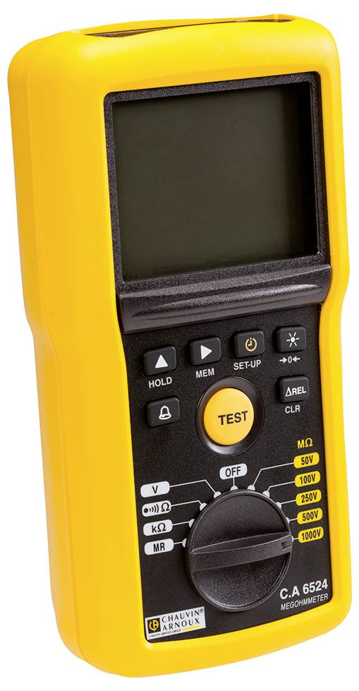 Een geel megohmmeter met toetsen en een draaiknop voor het meten van elektrische weerstanden in verschillende spanningsbereiken.