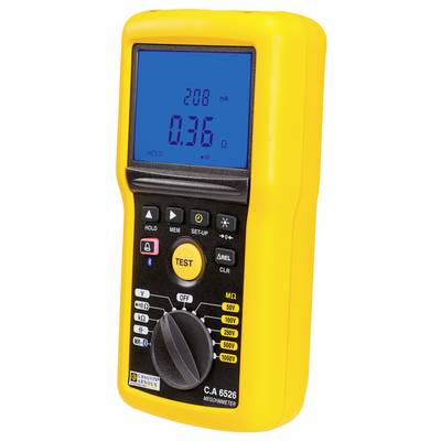Een gele digitale meetmeter toont een meting van 0,36 Ohm op het scherm. Hij heeft verschillende bedieningselementen en aansluitopties.