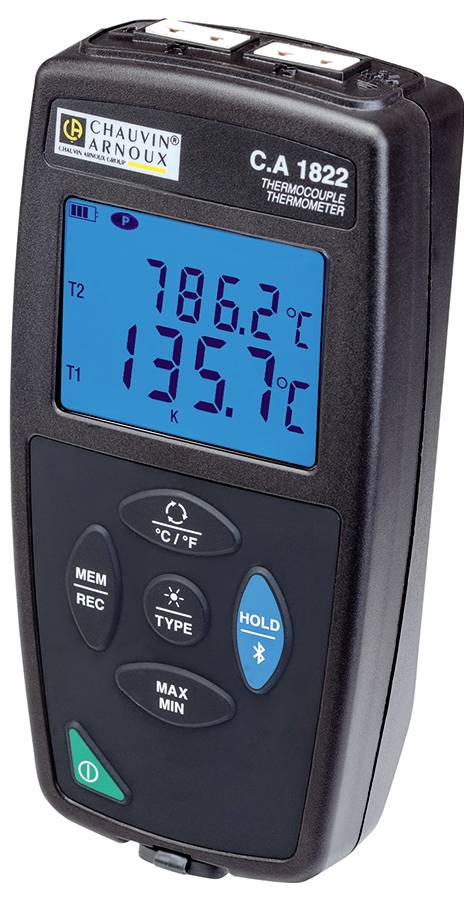 Digitale thermometer 'C.A 1822' met blauw display toont temperaturen van 78,6°C en 135,7°C. Knoppen voor functies eronder.