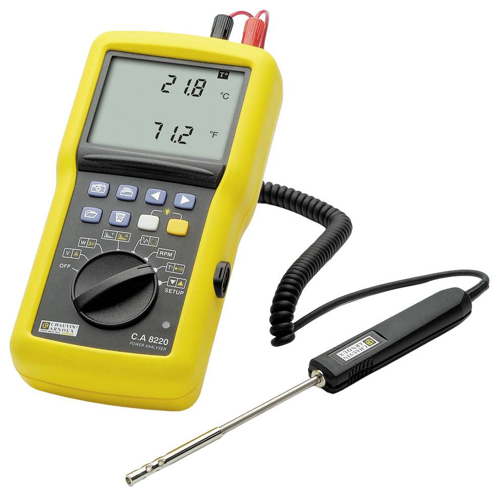 Een geel digitaal thermometer met een groot display toont temperaturen van 21,8°C en 71,2°F. Een externe sensor is aangesloten.