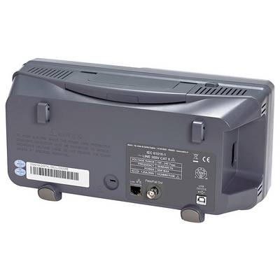Achteraanzicht van een elektronisch apparaat met meerdere aansluitingen en specificaties op een label. Bevat LAN- en 12V-aansluitingen.