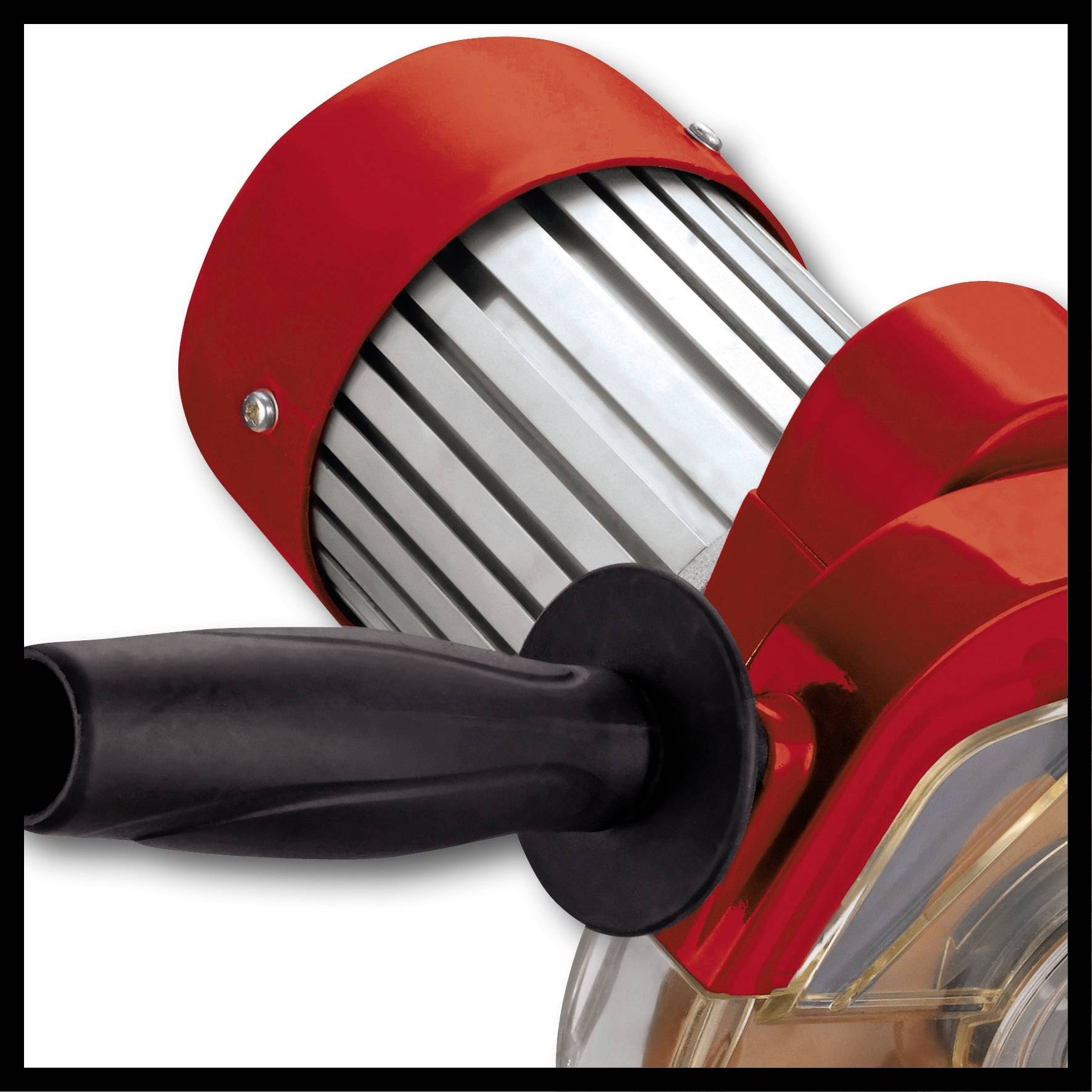 'Close-up van een rood-zilver elektrisch gereedschap met handgreep.'