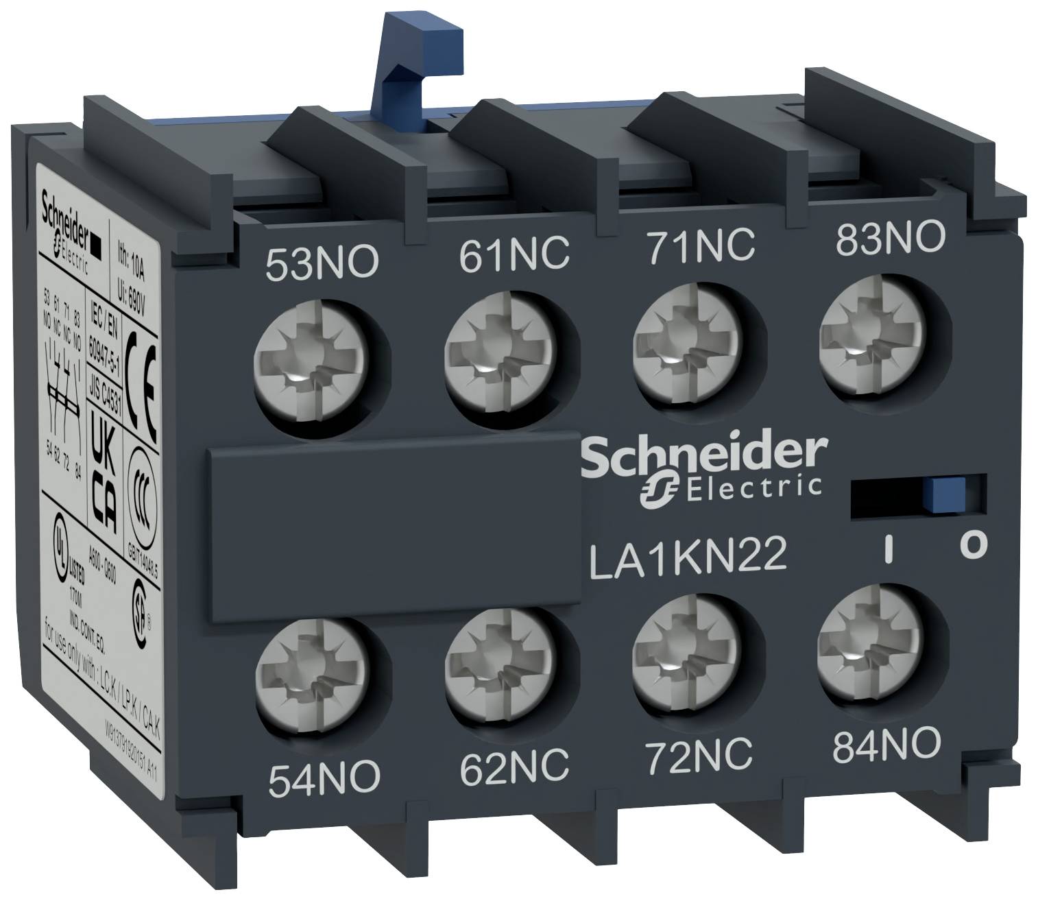 'Schneider Electric LA1KN22' hulpcontactblok, 8-polig, met aansluitingslabels.
