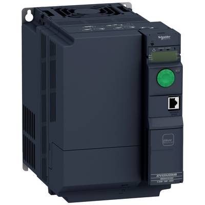 Een frequentieomvormer van Schneider Electric met groen bedieningspaneel en Ethernet-poort, model ATV320U55N4B, voor 1,5 tot 7,5 kW.