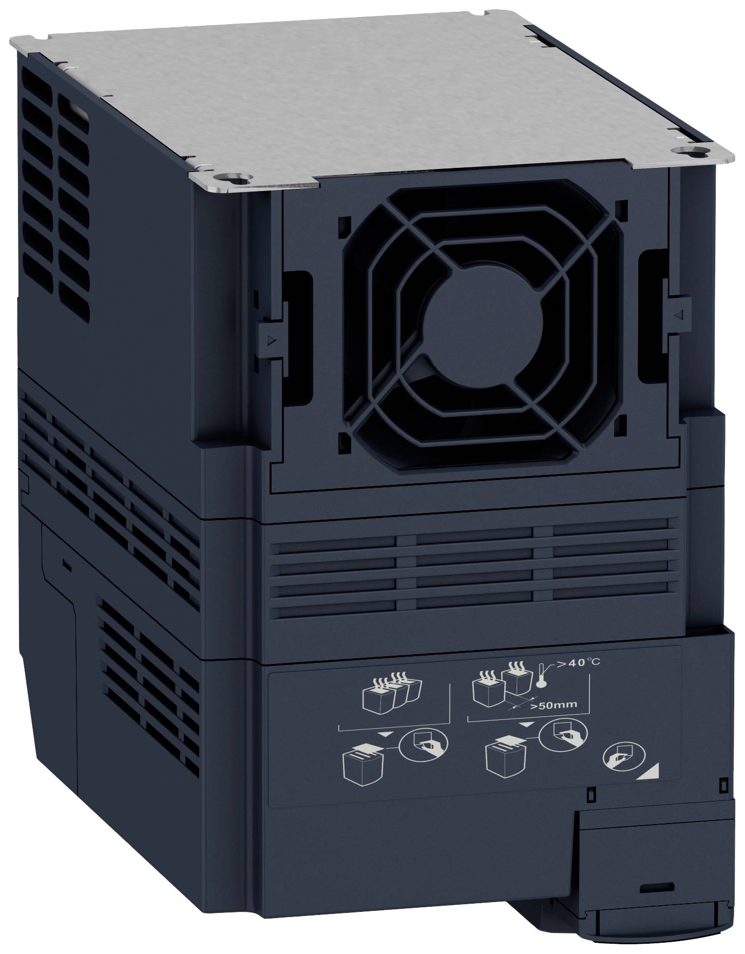 Een zwart elektrisch apparaat met een ventilator bovenaan, ventilatiesleuven en een sectie met symbolen onderaan.